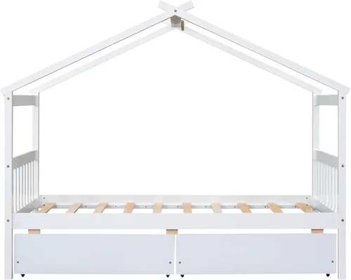 Vista 161 de Merax Cama de madera de tamaño individual con dos cajones, marco de cama de madera con techo para niños, adolescentes, niños o niñas, gris