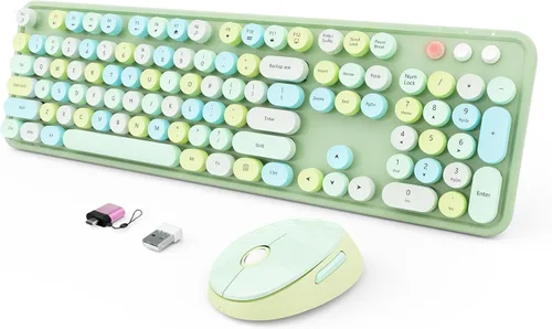 Vista 19 de Combo de teclado y mouse inalámbricos, teclado ergonómico de tamaño completo con diseño retro tipo máquina de escribir, con teclas redondas, Blanco