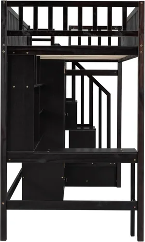 Vista 9 de Cama tipo loft moderna de tamaño individual con estantería y cajones, marco de cama tipo loft de madera con escritorio y armario, cama alta