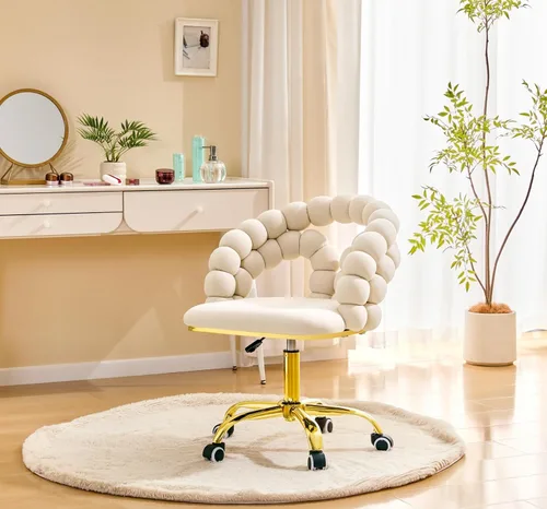 Velvet Swivel Desk Chair with Bubble Back, Adjustable Height Computer Chair with Gold Metal Base, Modern Rolling Vanity Chair for Home Office (Beige)