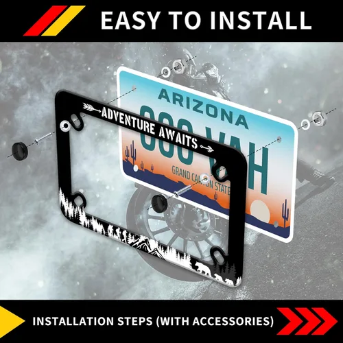 Vista 5 de Marco de placa de motocicleta Adventure Awaits - Marco de placa de acero inoxidable para senderismo de montaña, material de acero inoxidable