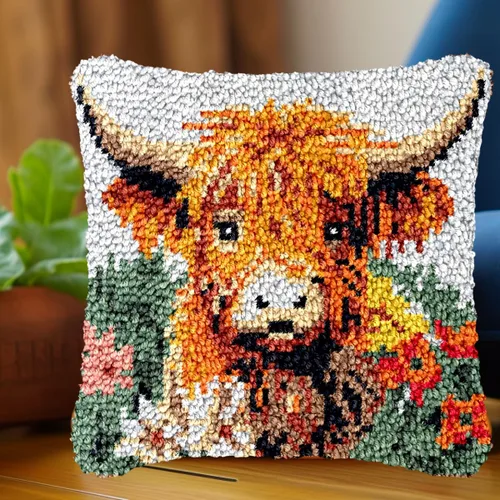 Lindos kits de gancho de ganado de vaca de las tierras altas, cojín de hilo de ganchillo preimpreso, costura, kit de gancho y pestillo para