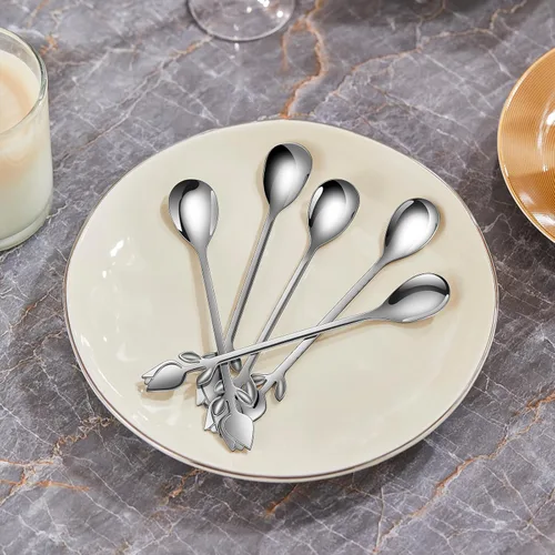 Vista 8 de Juego de 12 Mini Cucharas de Café con Mango de Tulipán/Rosa Plateado - Acero Inoxidable de 6" para Espresso, Té, Postre - Ideal para Demitasse