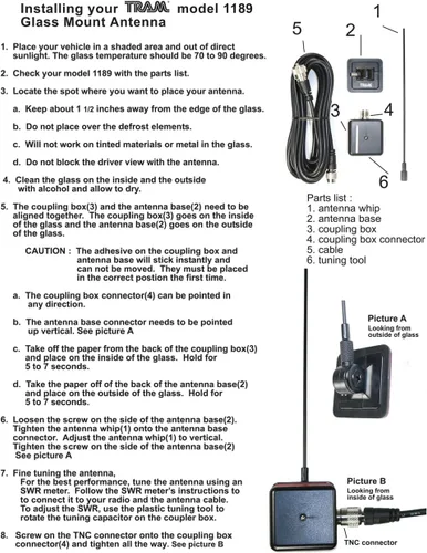 Vista 4 de Tram® Kit de antena de radio VHF preajustada de 50 vatios de 150 MHz a 158 MHz con montaje de vidrio y cable