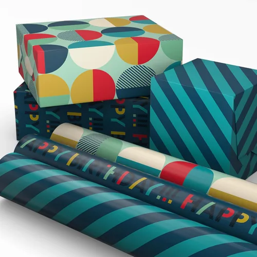 Hallmark Birthday Wrapping Paper Mini Rolls, 3-Pack (Navy Blue and Teal Stripes, Orange and Yellow Mod Circles) for Graduations, Father's Day,