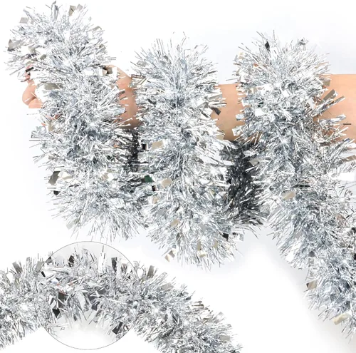 Vista 12 de Guirnalda de oropel de Navidad roja y blanca de 50 pies, guirnaldas de Navidad con giro metálico para decoración de árbol de Navidad, guirnaldas