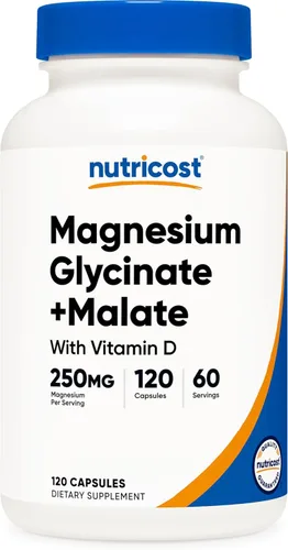 Nutricost Glicinato de magnesio + malato (250 mg) 120 cápsulas – Alta absorción, con vitamina D, vegano, sin gluten, sin OMG, 60 porciones