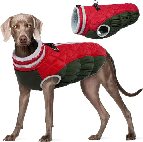 Vista 47 de FUAMEY - Abrigo para perro, chaqueta cálida de invierno, acolchada, de vellón, chaleco reflectante con arnés, chaqueta de nieve impermeable