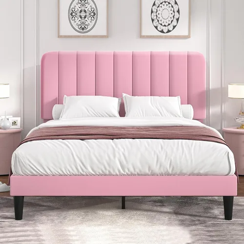 Vista 12 de VECELO Base de cama tapizada de tamaño matrimonial con 4 cajones y cabecero, plataforma de terciopelo, soporte de listones de madera, no necesita