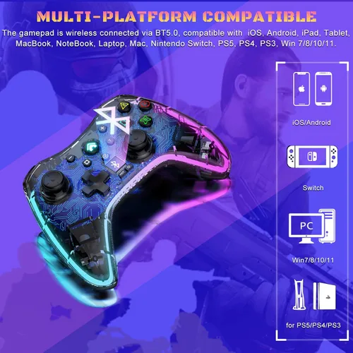 Vista 4 de Megadream Controlador de juego inalámbrico transparente Gamepad para iOS Android PC NS Switch PS5 PS4 PS3 Steam Deck funciona con iPhone 14131211X