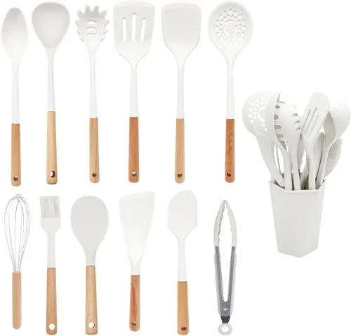 Silicone Kitchen Utensils Set, 12 Pieces Kitchen Utensils Set, Anti-Stick Heat Resistant Wooden Handle Cooking Utensils with Dish Holder, Silicone