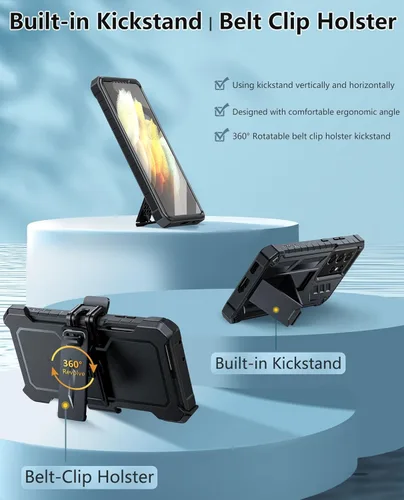 Vista 5 de FNTCASE Funda para Samsung Galaxy S21-Ultra: Funda protectora militar a prueba de golpes con funda de clip para cinturón y soporte, a prueba de Negro