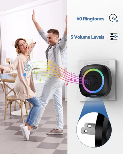Vista 3 de TECKNET Timbre inalámbrico enchufable con iluminación RGB y rango de 1300 pies, timbre impermeable IP66 para el hogar, aula, oficina, negocios, 60
