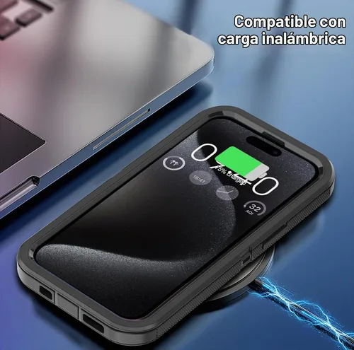Vista 5 de Funda para iPhone 15 Pro Max con 2 protectores de pantalla, protección contra caídas a prueba de golpes, cuerpo completo, resistente, 3 capas Negro