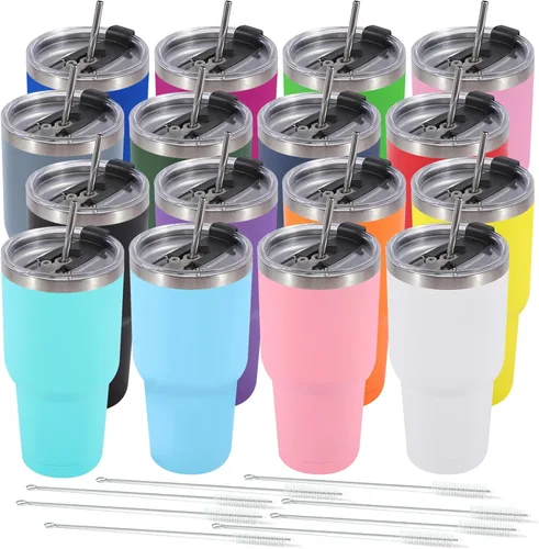 Vista 15 de Dongni Vaso de 30 oz con tapa y pajita, vasos de acero inoxidable a granel, aislado al vacío de doble pared, taza para café de viaje, vaso duradero