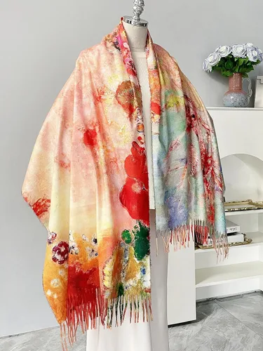 Vista 3 de VENVSBEE Reversible Scarf Soft Large Shawl Wrap Blanket Double Sided Art Print Warm Pashmina Stoles Klimt Van Gogh Gifts