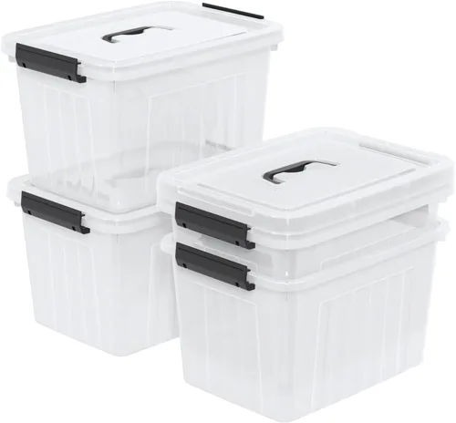 Caja de plástico de 20 litros, cajas transparentes con tapa con asas negras, juego de 4