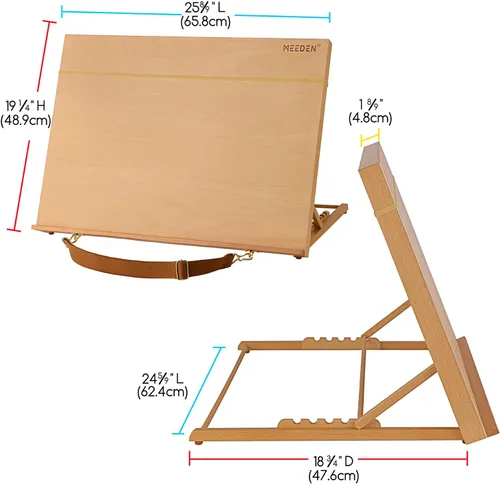 Vista 2 de MEEDEN Caballete de mesa A2 de madera para pintar, tablero ajustable de dibujo y boceto de 5 posiciones con correa para el hombro, caballete