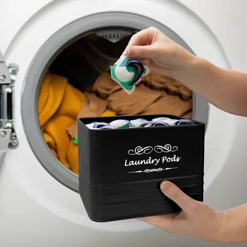 Vista 6 de ELITAPRO Contenedor moderno de granja para cápsulas de detergente - Porta cápsulas de metal con tapa para decoración y accesorios de lavandería