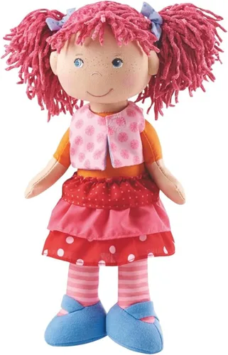 Vista 10 de HABA Cari - Muñeca de bebé negra de 12 pulgadas con coletas negras, cara bordada, vestido verde extraíble, lavable a máquina, muñeca de bebé suave