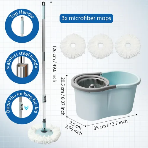 Vista 2 de Trapeador giratorio y cubo, trapeador y cubo con escurridor para el hogar, herramienta de limpieza de pisos con 3 recambios de cabezal de microfibra