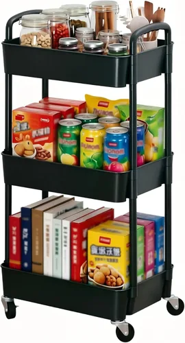 Sywhitta - Carrito de almacenamiento rodante de plástico de 3 niveles con asa, carrito de almacenamiento multifuncional para oficina, sala de estar