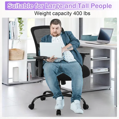 Vista 4 de Silla de oficina grande y alta de 400 libras, silla de computadora ancha ergonómica para personas pesadas, silla de escritorio ejecutiva de malla