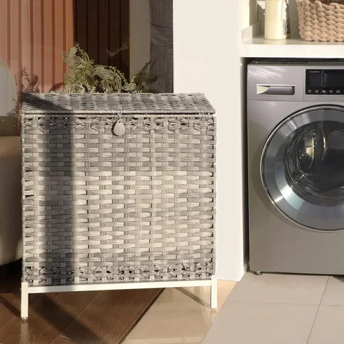 Vista 7 de Cesta de lavandería con 3 bolsas extraíbles con forro extraíble, cesta de lavandería de ratán tejida a mano de 132 litros con pies elevados