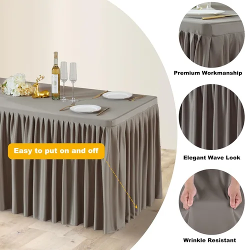 Vista 44 de Manteles de poliéster negro para mesas rectangulares de 4 pies, cubierta de mesa ajustada sin arrugas con falda de mesa plisada con volantes