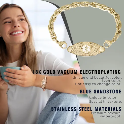 Vista 3 de Pulseras de alerta médica personalizadas para mujeres con grabado gratis, pulsera de identificación de emergencia personalizada impermeable