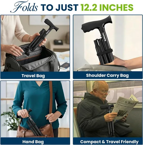 Vista 5 de Bastón para hombres y mujeres – Plegable, ajustable, bastón autoestable con base pivotante de 360°, agarre cómodo, bastones resistentes