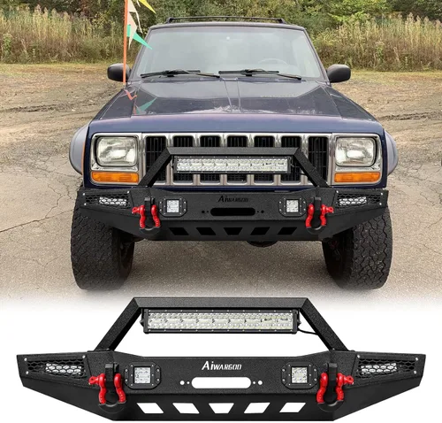 Parachoques delantero para Cherokee XJ, AAIWA parachoques de acero con barra de luz LED y soporte de placa de cabrestante compatible con Cherokee XJ