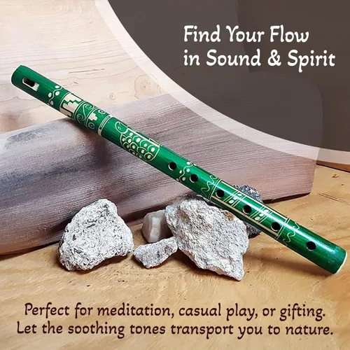Vista 5 de Flauta de madera de bambú de colores nativos tribales con patrón de flauta de viento de madera, regalos hechos a mano, instrumentos musicales Verde