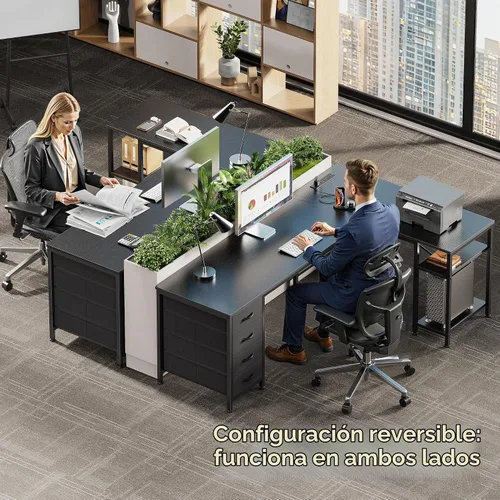 Vista 2 de Huuger Escritorio en forma de L de 55 pulgadas con cajones de tela, escritorio reversible para juegos para computadora con tomas de corriente y Negro