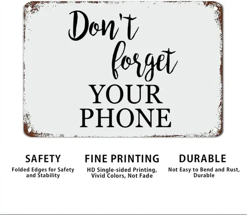 Vista 58 de Letrero de metal con texto en inglés «Dont Forget Your Phone Block» con refranes, decoración de pared motivacional para sala de estar, arte de pared