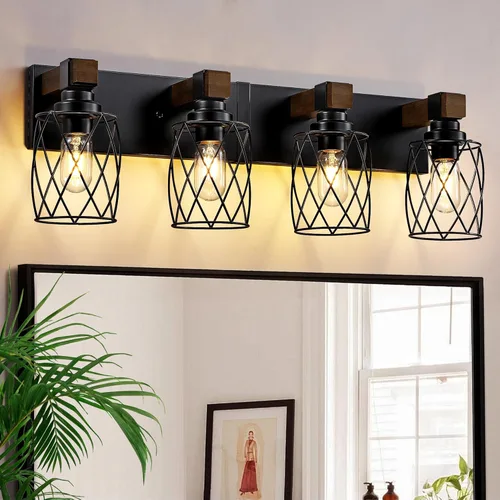 Vista 12 de Luz de Tocador de Baño Estilo Granja, Lámpara de Baño de Madera de 3 Luces para Sobre el Espejo, Luces de Tocador Industriales Negras con Pantalla