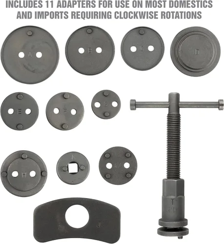 Vista 2 de OEMTOOLS 27111 Juego de herramientas de freno de disco, 11 adaptadores, para la mayoría de las pinzas de pistón nacionales/importadas