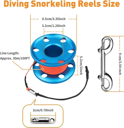 Vista 7 de Carrete de buceo de 100 pies con broche de perno, carrete de dedo de aleación de aluminio con línea de nailon trenzado, carrete de buceo grande