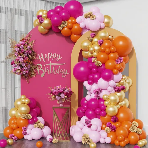 Kit de arco de guirnalda de globos rosa y naranja, 158 globos dorados metálicos rosados, naranjas y cromados para cumpleaños, baby shower,
