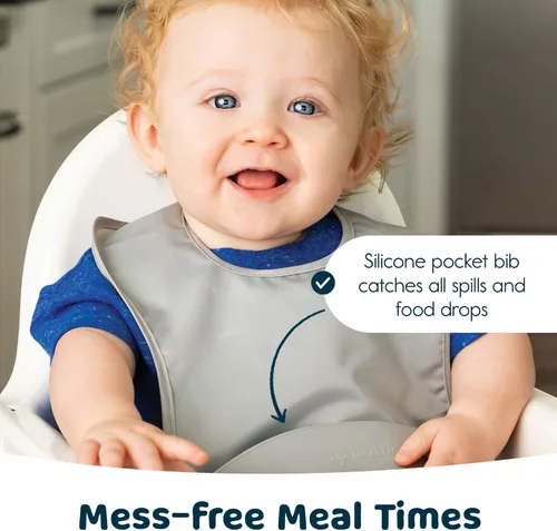 Vista 3 de Tiny Twinkle Baberos de bolsillo de silicona, impermeables, que atrapan los alimentos, a prueba de desorden para bebés de 6 a 24 meses, niños Pequeño