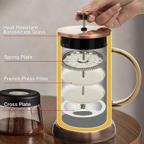 Vista 3 de YMMIND - Cafetera de prensa francesa de 34 onzas, cafetera de espresso de 5 tazas, cafetera de cobre para café frío con resistencia al calor