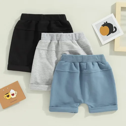 Vista 3 de MAINESAKA Pantalones cortos para bebé niño, paquete de 3 unidades, pantalones cortos de algodón con cordón de rizo sólido