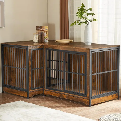 Vista 9 de Rovibek 78 Mueble Jaula Doble para Perros para 2 Perros Grandes de Interior, Muebles de Madera Jaulas para Perros con Cuenco para Perros, Mueble