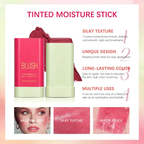 Vista 6 de Rubor en barra multiusos, rubor cremoso suave, tinte de mejillas y labios 2 en 1, impermeable, hidratante, sólido, natural, suave, mezclable, 01