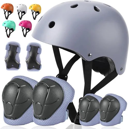 Vista 8 de Juego de casco de bicicleta para niños pequeños, casco de ciclismo ajustable con rodillas, coderas y muñequeras, equipo de protección deportiva