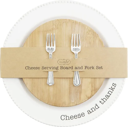 Vista 2 de Mud Pie 85 Circa Juego de Queso, blanco, 10.5 in 6.5 in 4.3 in, plato 10.5 in (de) diámetro tablero 6 1/2" diámetro tenedor 4 1/4
