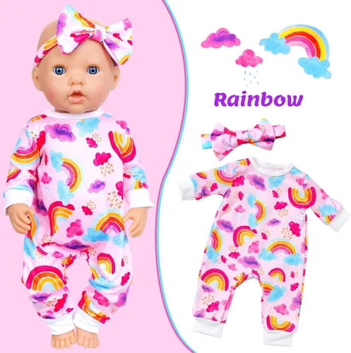 Vista 9 de Ecore Fun 5 juegos de ropa de muñeca y diademas – Accesorios para muñecas de 14 a 16 pulgadas, total 10 piezas – Mono con bonito patrón para muñecas