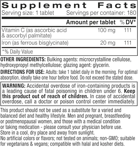 Vista 6 de Igennus - Bisglicinato de hierro limpio de 20 mg, vitamina C, suministro para 6 meses, fórmula quelada suave de alta absorción y bisglicinato