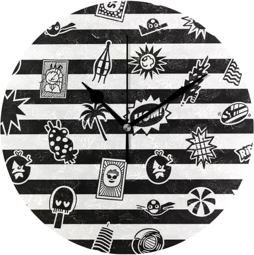 Black White Striped Retro Summer Cool 10 Inch Round Decorative Atomic Wall Clock Non Ticking Decor for Classroom School School reloj de pared para