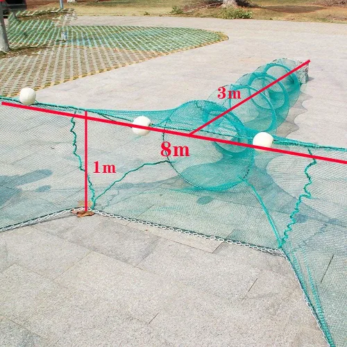 Vista 6 de EEL Fishing Net Mesh Trap 8m/10m Trailing Folding Crab Cage with Iron Chain Bobber for River Block Fishing